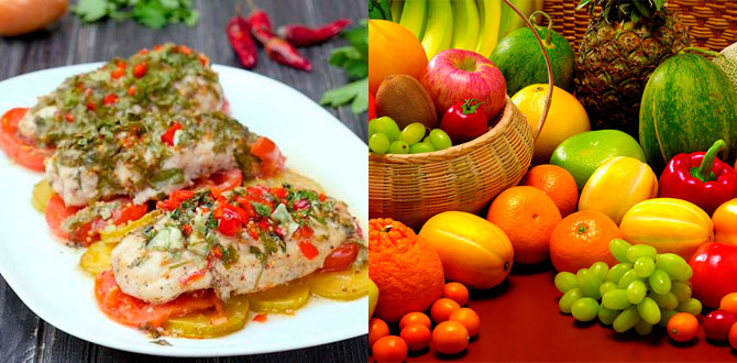 Запечаная курица с овощами, свежи овощи и фрукты